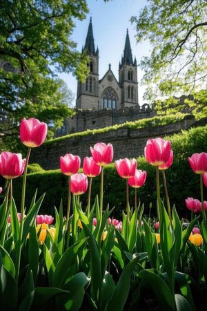 Tulips and St. Patrick's Cathedral in Edinburgh, Scotlandの素材