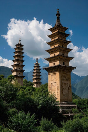 Ancient pagodas in the mountains of Yunnan, China.の素材