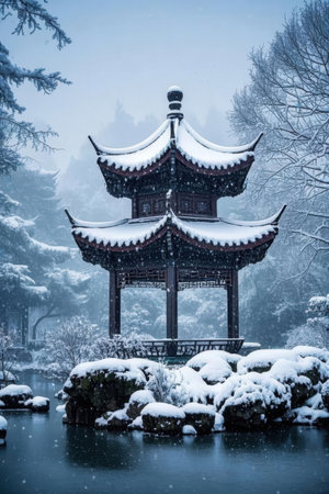 Beautiful winter landscape with traditional Chinese pavilion in the park.の素材