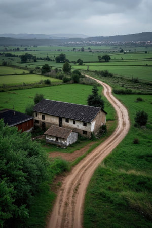 Countryside landscape with a dirt road leading to a farmhouse.の素材