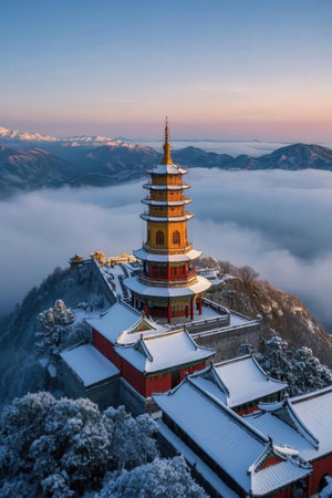 Sunrise view of the Buddhist pagoda in the winter mountains.の素材