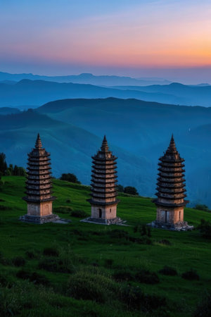 Pagoda on the hill at sunset, Mae Hong Son, Thailandの素材