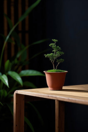 Bonsai tree in a pot on a wooden table against a dark backgroundの素材