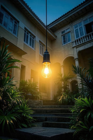 Vintage light bulb with stairs in the garden at night, vintage styleの素材