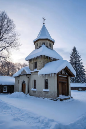 Church of St. John of Nepomuk in winter, Carpathians, Ukraineの素材