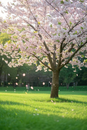 Cherry blossoms in full bloom in a park in spring.の素材