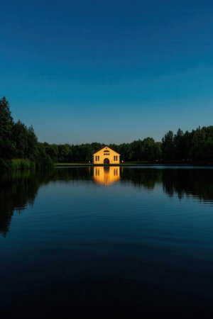 Reflection of a house on the lake at night in Poland.の素材