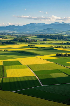 Aerial view on the spring fields and meadows in Poland.の素材