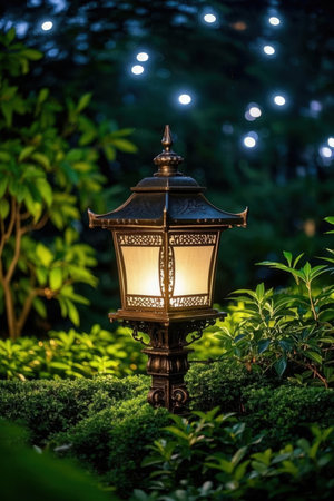 Vintage street lamp in the garden at night time, Thailand.の素材