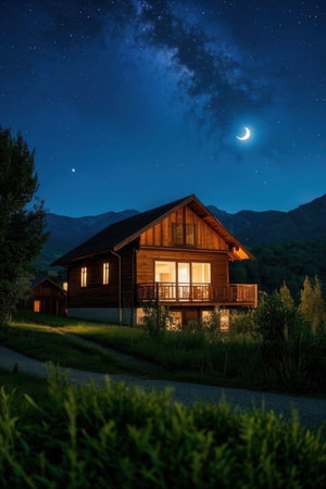Night landscape with a wooden house in the mountains and the moon.の素材