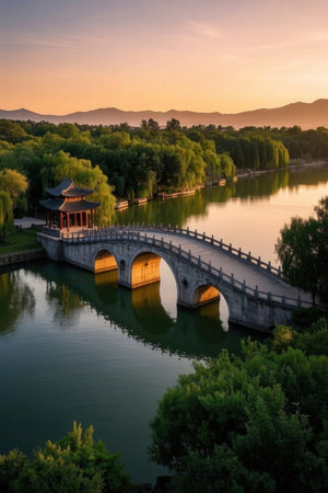 Landscape scenery view of a bridge in the Summer Palace, Beijing, Chinaの素材