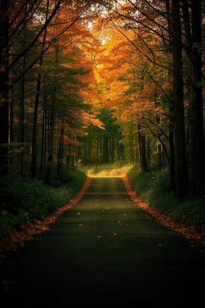 Beautiful autumn landscape with colorful forest and road in the morning.の素材