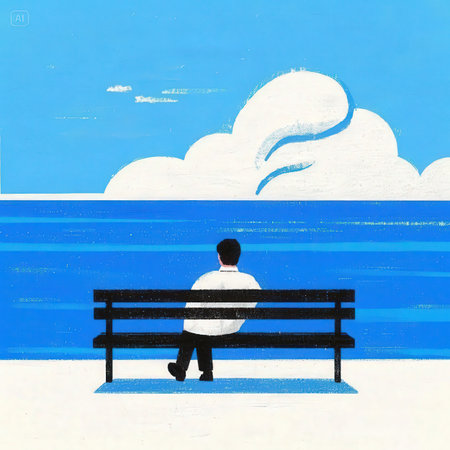 Businessman sitting on a bench in front of the sea and thought bubbleの素材