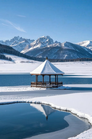 Gazebo on the shore of a frozen lake in winterの素材