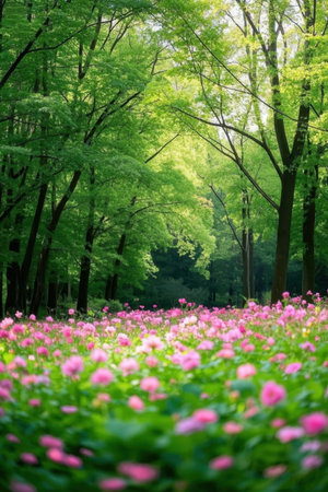 pink flowers in the forest with green background, closeup of photoの素材