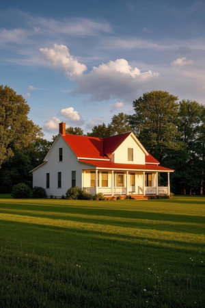 White house with red roof and green grass in the park at sunsetの素材