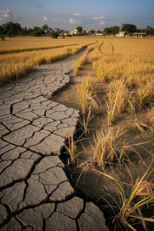 Dry cracked earth in a rice field. Global warming concept.の素材