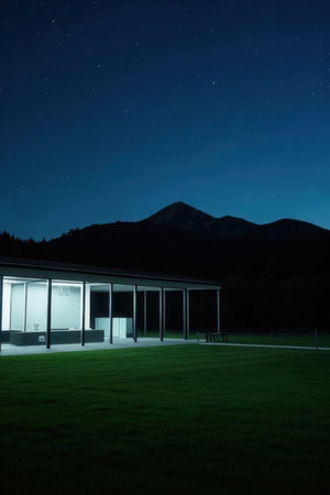 Luxury modern office building at night with mountains in the backgroundの素材