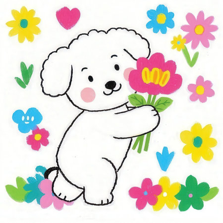 Cute cartoon dog with flowers on white background. Vector illustration.の素材
