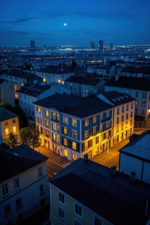 Aerial view of Frankfurt am Main at night, Germany, Europeの素材