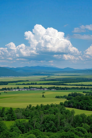 Beautiful spring landscape with green meadows and blue sky with cloudsの素材