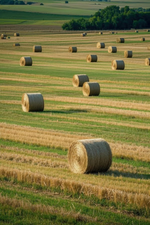 Round bales of hay in the field after harvest. Agricultural landscape.の素材