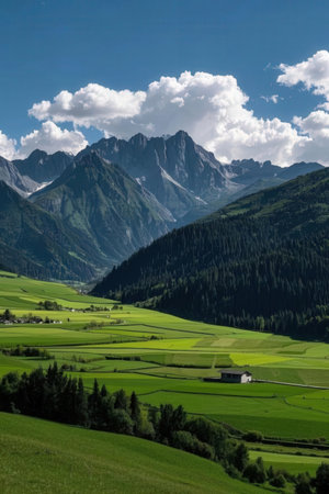 Mountain landscape with green grass and blue sky with clouds, Switzerlandの素材