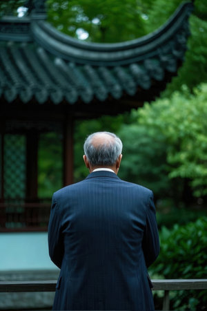 Japanese businessman standing in the park with his back to the camera.の素材