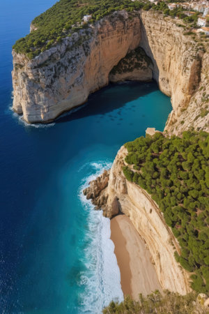 Aerial view of Navagio beach, Zakynthos island, Greeceの素材