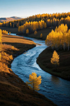 Autumn landscape with river and yellow trees in Altai, Russiaの素材