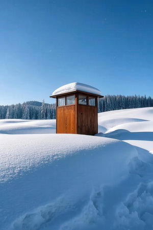 Wooden gazebo on a snowy meadow in winterの素材