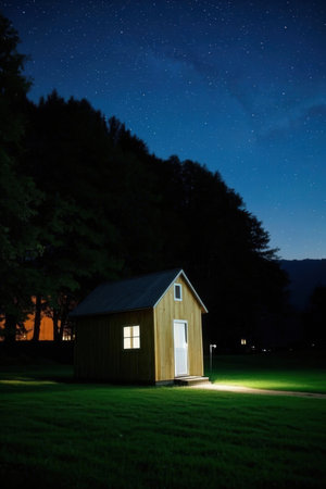 Small wooden house in the field at night with starry sky.の素材