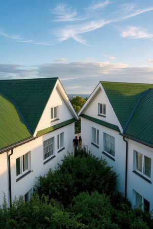 View from the top of the building to the green roof of the houseの素材