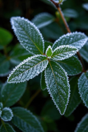 Frosted leaves of a bush in the early morning light.の素材