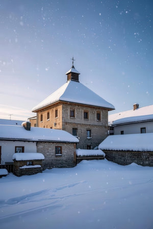 Snowfall in the old town of Banska Stiavnica, Slovakiaの素材