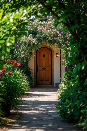 wooden door in the garden with flowers and greenery around itの素材