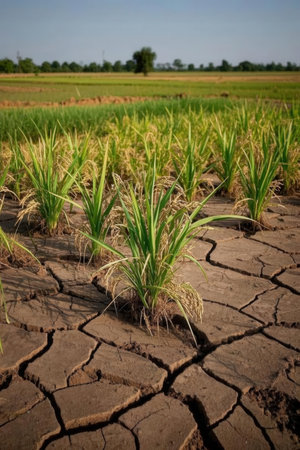 Sugar cane on cracked earth, global warming, climate change conceptの素材