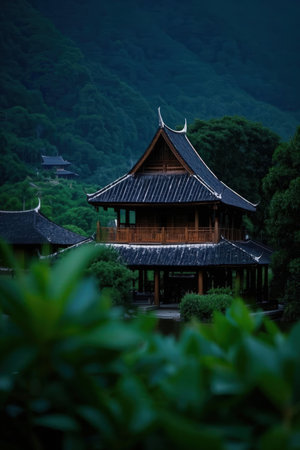Korean traditional house in the mountains, closeup of photo.の素材