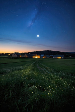 Beautiful night landscape with moon and starry sky over countryside.の素材