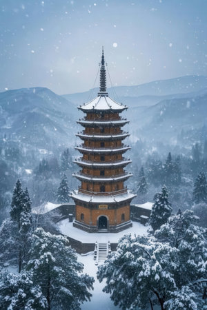 Beautiful pagoda in the winter forest with snow in the mountainsの素材