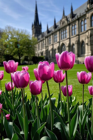 Tulips in front of the University of Cambridge, England.の素材