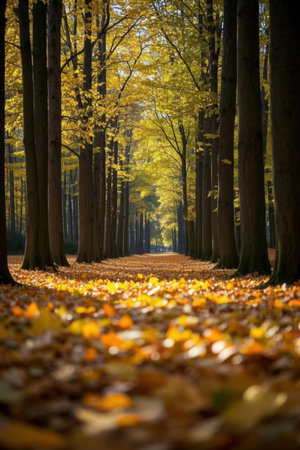 Autumn forest with yellow leaves on the ground and sunbeamsの素材