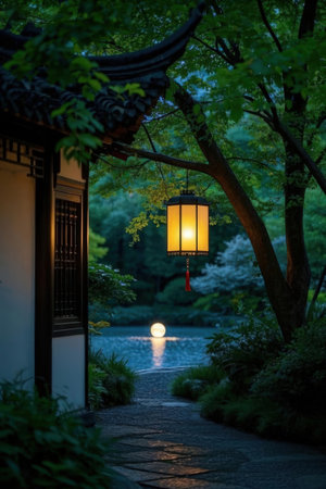 Night view of a Japanese garden with a lantern in the foreground.の素材