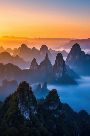 Landscape view of the mountain range in the morning mist, Chinaの素材