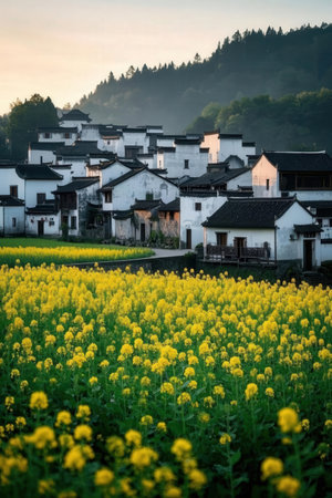 Rape field and village in south korea,Suzhou.の素材