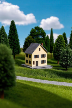 Miniature house on green grass with blue sky background, real estate conceptの素材