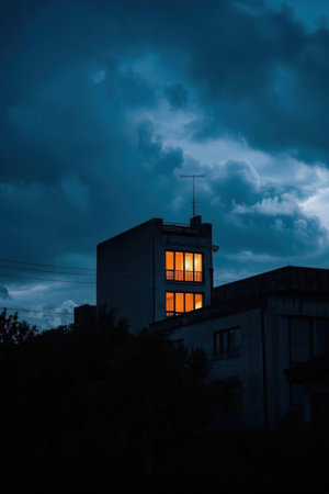 Abandoned factory building at night with dark clouds in the backgroundの素材