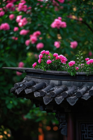 Beautiful pink peony flowers on the roof of Chinese temple.の素材