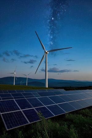 Photovoltaic panels and wind turbines in the field at nightの素材