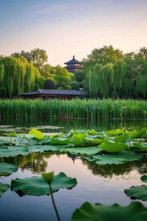 Hangzhou West Lake scenery at sunset, China. Hangzhou West Lake is one of the most beautiful lakes in China.の素材